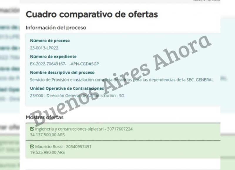 Las empresas que presentaron su oferta. Una de ellas fue la firma Ingeniería y construcciones Alplat S.R.L. por $34.137.500; Por otro lado, la empresa de Mauricio Rossi envió una propuesta inferior, por $19.525.980.