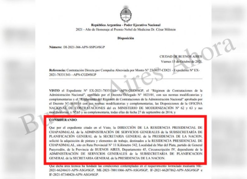 La autorización del pliego para la compra de materiales para remodelar la residencia.