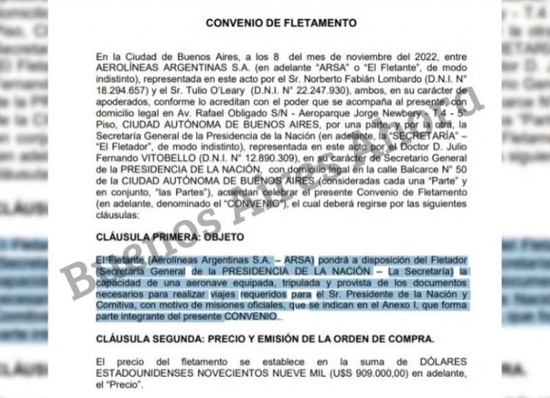 El convenio millonario firmado entre la Secretaría General de la Presidencia de la Nación y Aerolíneas Argentinas.