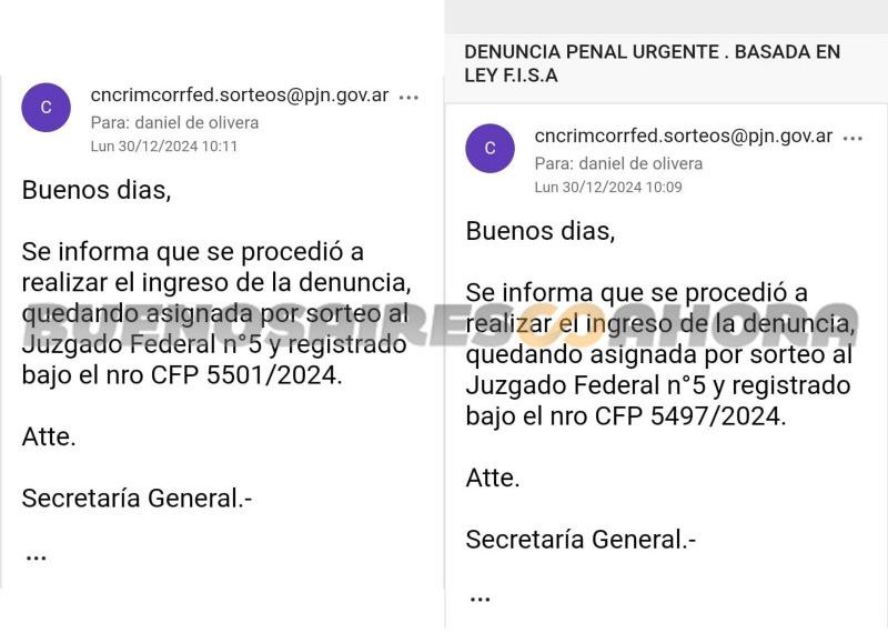 Correos sobre presentación de denuncias en la Justicia Federal. (Foto: Buenos Aires Ahora)