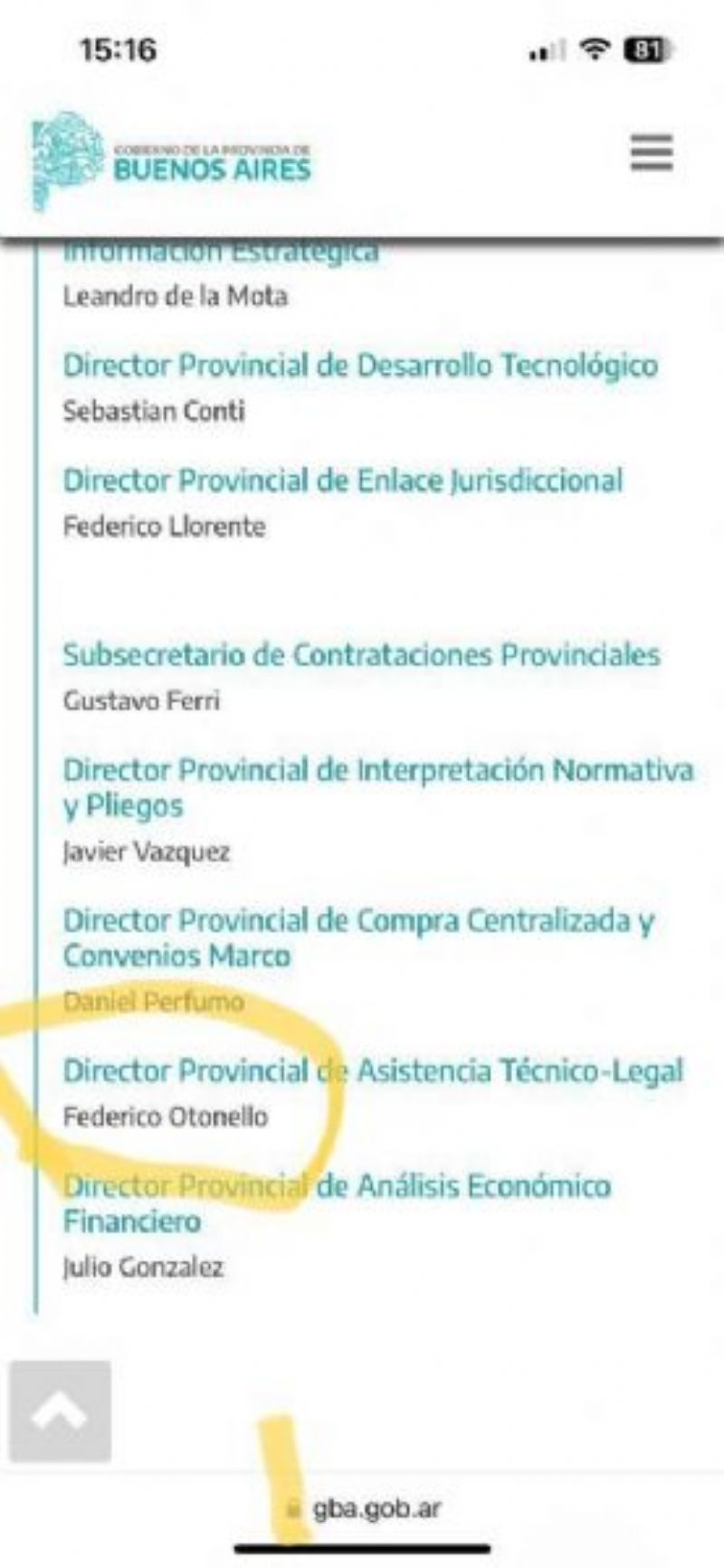 Los registros de la nómina del personal del Gobierno de la Provincia de Buenos Aires, ubican al esposo de Belén Muñoz, Federico Otonello, como Director de Asistencia Técnico-Legal.