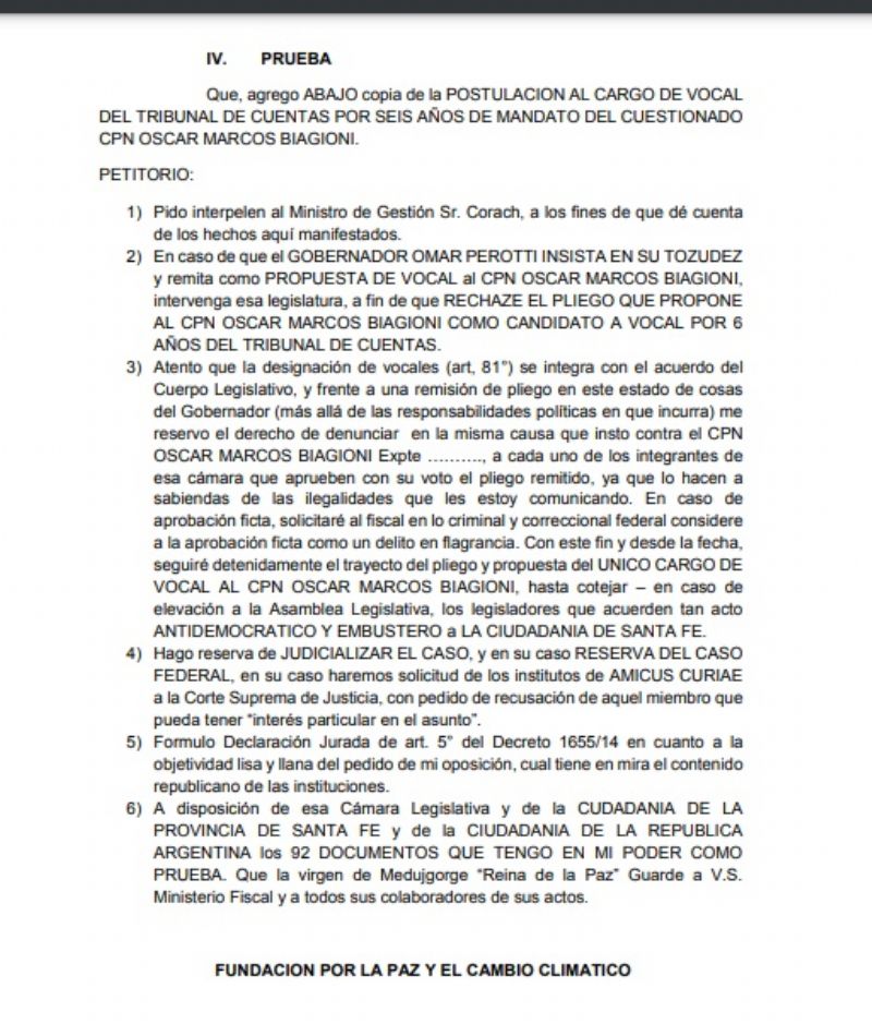 Impugnaron el pliego para que Biagioni siga 6 años más en el poder.