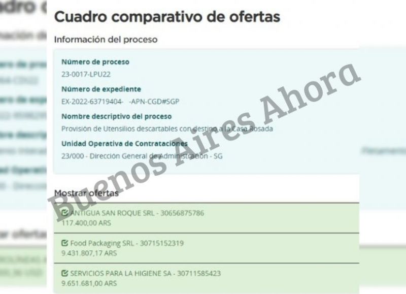 Las dos empresas que presentaron su presupuesto fueron Food Packaging S.R.L., por un total de $9.431.807; y Servicios para la higiene S.A., por un monto similar pero de $9.651.681.