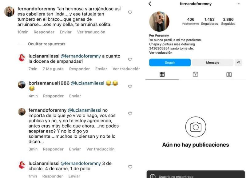 "Hater" que criticó a Luciana Milessi.